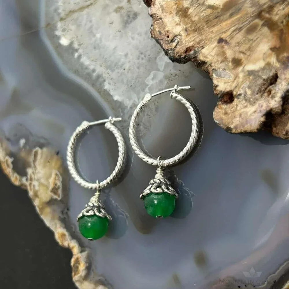 Carolyn Pollack Sterling Twisted Hoop w/Green Jadeite Dangle Earrings For Women